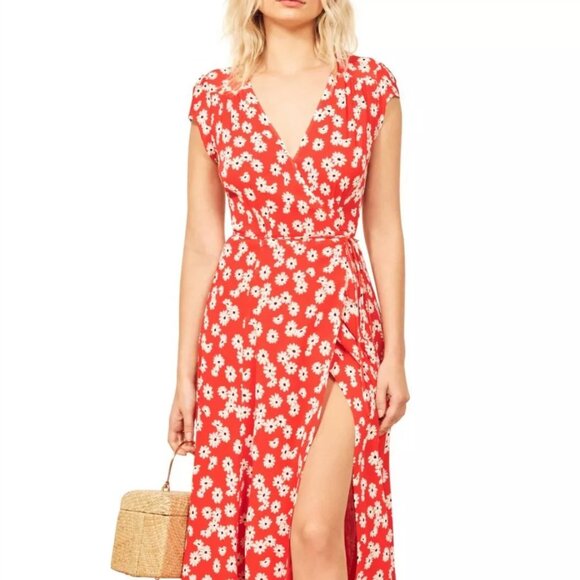 REFORMATION Oopsie Daisy Floral CARINA Georgette True Wrap Tie Midi Dress Sz L - Picture 1 of 6